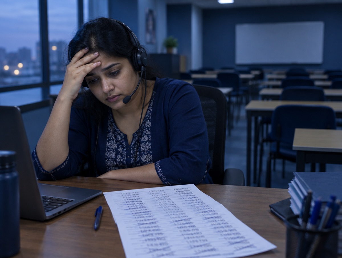 A tired admissions counsellor with a long call list