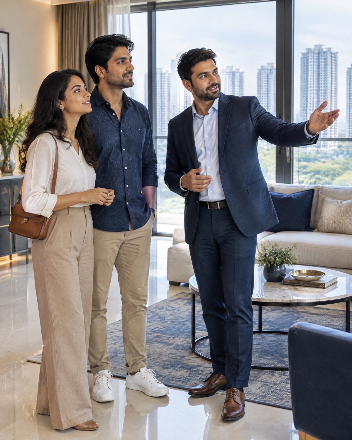 A sales executive showing buyers a sample apartment
