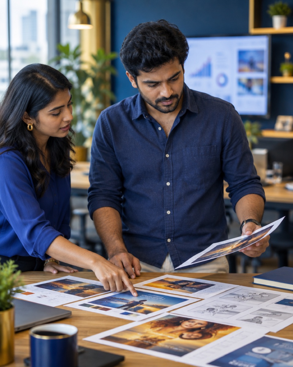 A strategist reviewing ad creatives with a colleague